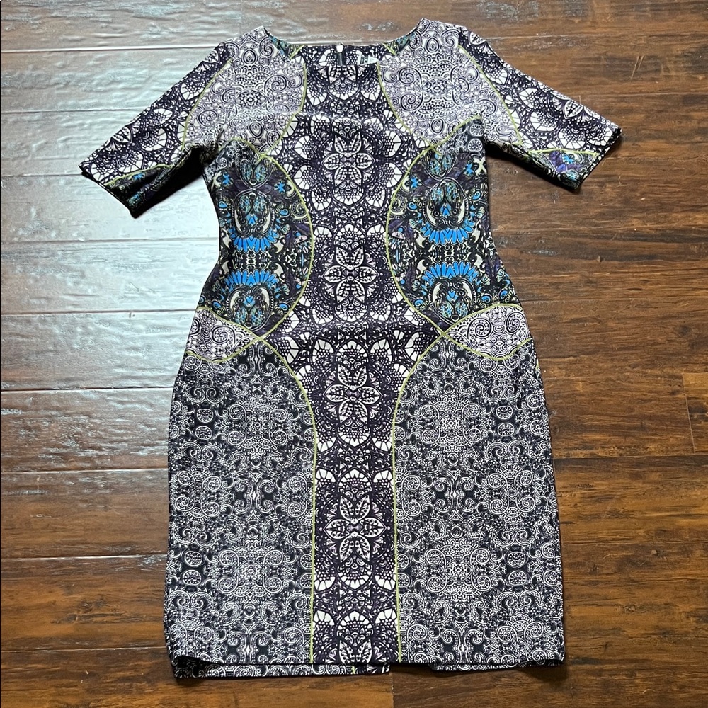 Just Taylor Printed Purple & Black Scuba Sheath Dress with Blue Accents Size 14